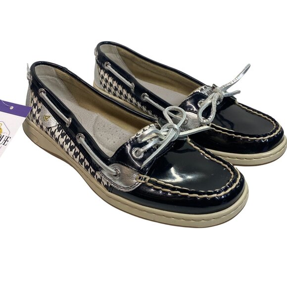 Sperry Top Sider Boat Shoes Angelfish Black Patent Leather Houndstooth 8.5M - Picture 1 of 14
